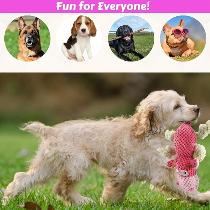 Large Dog Toy - Pink Cow Squeaky Dog Toys for Large Dogs, Medium and Small Dogs. Interactive with Pineapple Plush Fabric, Rope Legs, Hidden Seams, Reinforced Stress Points