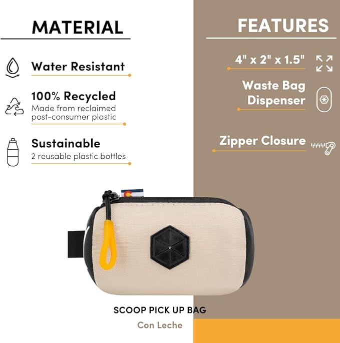 OllyDog Scoop Pick Up | Dog Poop Bag Holder | Lightweight & Water-Resistant Dispenser | Leash Attachment for Hands-Free Carry | Fits Standard Waste Bag Rolls (Con Leche)