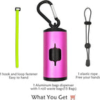 Metal Dog Poop Bag Holder Aluminum Dispenser for Leashes, Hiking & Travel, Lightweight Scratch-Resistant with 3 Attachments and 195 Bags (Pink, 1 Holder 15 Bags)
