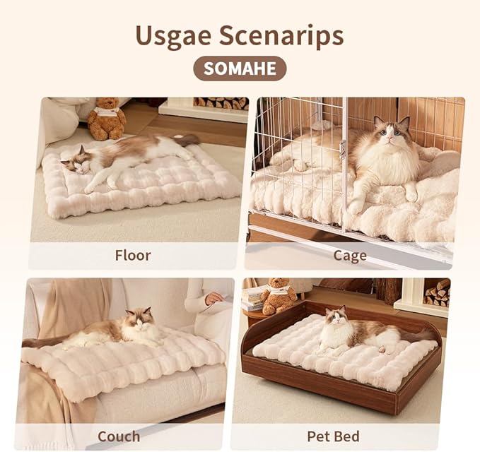 Plush Dog Bed Mat Faux Fur Cat Beds for Indoor Cats with Anti-Slip Bottom Kitten Self Warming Bed for Couch/Floor/Dog & Puppy Friendly 27 x 20 Inch Large White
