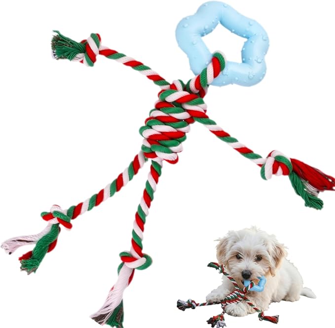 Christmas Puppy Teething Toy for Small & Medium Dogs (20–65lbs), TPR + Cotton Rope Chew Toy for Aggressive Chewers, Indoor & Outdoor Teeth Cleaning Toy for 2–12 Month Dog
