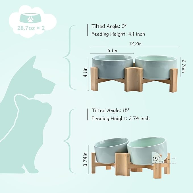 SPUNKYJUNKY 15° Slanted Ceramic Dog and Cat Bowl with Wooden Stand, Tilted Bulldog Food and Water Bowl No Slip Non-Spill for Cats Medium Dogs Big Face Pets 28.7 OZ (3.6 Cups, Morandi Green × 2)