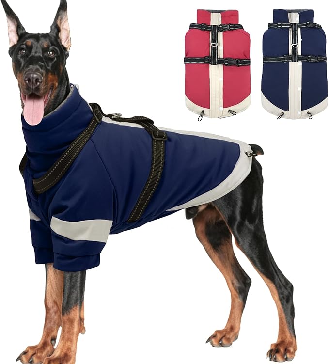 MIGOHI Dog Coat with Harness Built in, 2-in-1 Thermal Water-Resistant Dog Jacket, Windproof Reflective Snowsuit for Extra Large Dogs, German Shepherd, High Collar Design, Navy Blue, 3XL