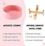 SPUNKYJUNKY 15° Slanted Ceramic Dog and Cat Bowl with Wooden Stand, Tilted Bulldog Food and Water Bowl No Slip Non-Spill for Cats Medium Dogs Big Face Pets 28.7 OZ (3.6 Cups,Pink)