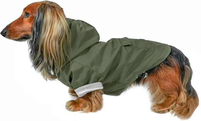 DJANGO Highland Dog Jacket & Raincoat – Water-Repellent, Lined Dog Coat with Hood, Adjustable Fit & Harness Hole – Lightweight Rain & Wind Jacket for Small & Medium Dogs up to 30 lbs (Olive, Medium)