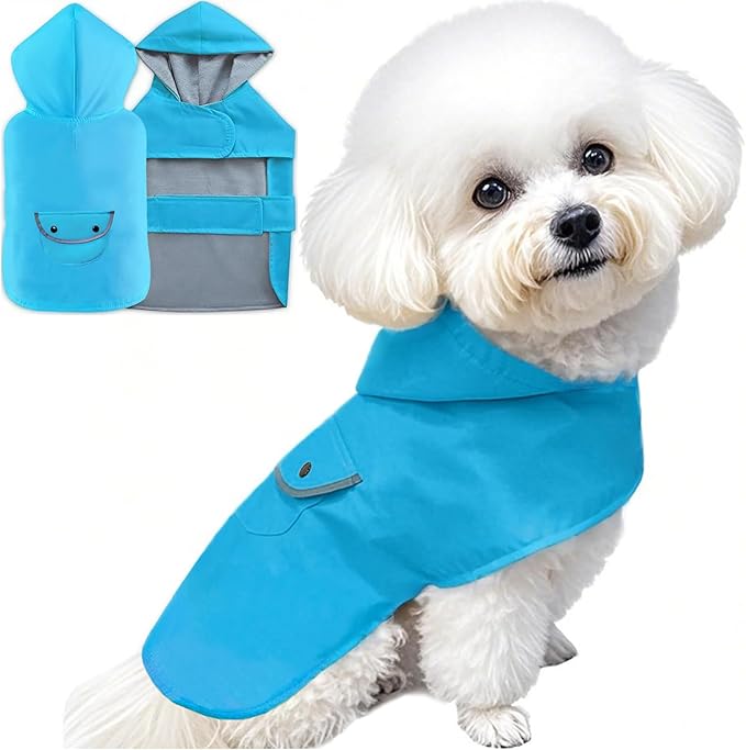Dog Raincoat Dogs Rain Jacket Reflective Poncho Rainwear Waterproof Pet Clothes Warm Lined Pocket Hooded Leash Hole Adjustable for Puppy Small Dogs,Blue,M,Back Length 10.0 Inch
