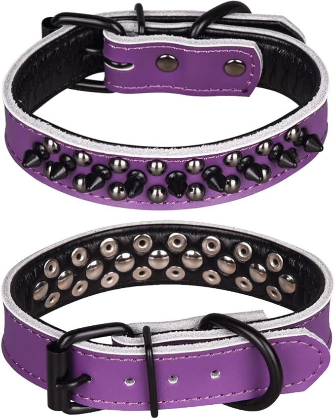 Adjustable Genuine Leather Spiked Studded Dog Collars for Small Medium Large Pets Like Pit Bull Bulldog Pugs Husky (L, Purple1)