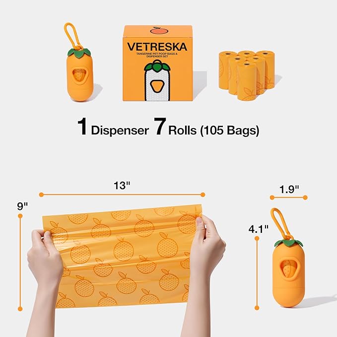 VETRESKA Dog Poop Bag Dispenser with Citrus Scented Waste Bags, Leak Proof, Extra Thick and Large Pet Poop Bags for Walking Dog and Cats Litter, 1 Count Holder and 105 Bags, Orange