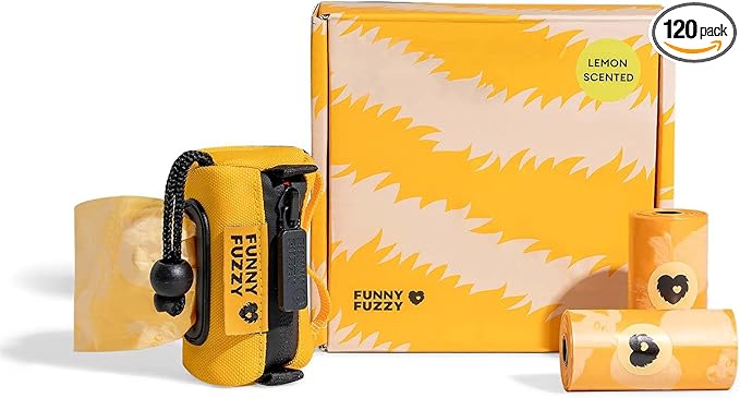 FUNNY FUZZY Dog Poop Bag Holder with Tear-Resistant, Leakproof Waste Bags Made with EPI Material – Easy to Use for Walks or Travel, Lemon Scented, 1 Dispenser + 120 Count