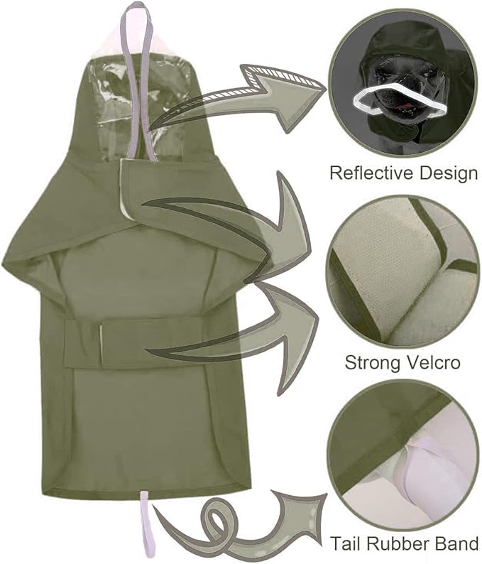 Pet Raincoat Packable Hooded Dog Rain Jacket Reflective Strips Lightweight Adjustable Poncho for Small Medium Large Dogs Army Green S