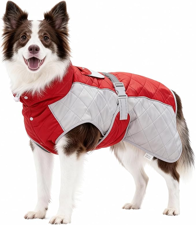 Dog Coat Dogs Winter Coat- Fleece Lined,Water-Resistant,Convertible Collar,Back Reflective Strip&Easy to Wear for Outdoor Walking Dog-Jacket(Red, Small)