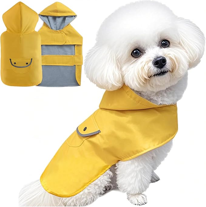 Dog Raincoat Dogs Rain Jacket Reflective Poncho Rainwear Waterproof Pet Clothes Warm Lined Pocket Hooded Leash Hole Adjustable for Puppy Small Dogs,Yellow,M,Back Length 10.0 Inch