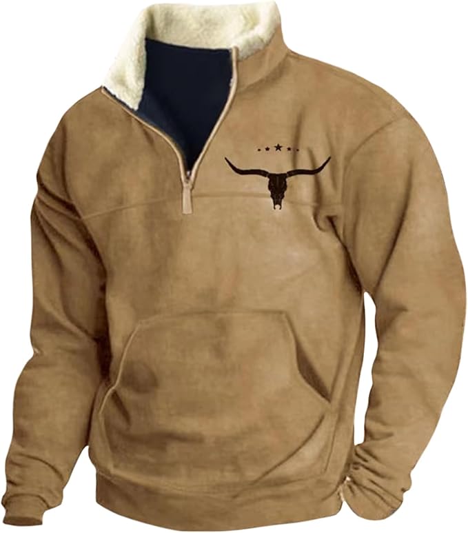 HOTYD Aztec Cowboy Mens Hoodie Vintage Graphic Western Hoodies Casual Long Sleeve 1/4 Zip Pullover Mens Country Jacket