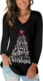 Tobrief Women's Long Sleeve V-Neck Shirts Fall Graphic Tees Loose Casual T-Shirt