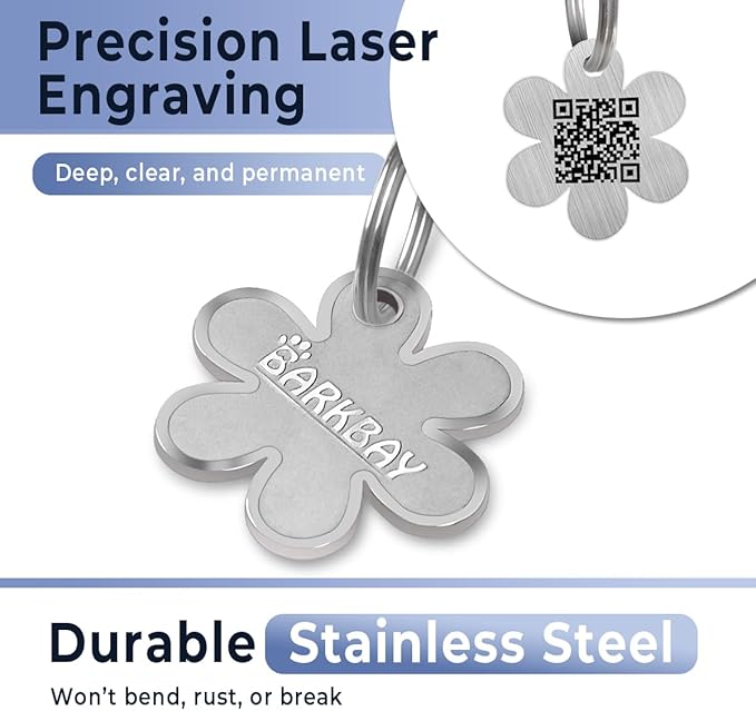 Dog Tags Personalized for Pets,Dog Name Tags QR Code,No Subscription Fees,Modifiable Pet Online Profile,Stainless Steel,No App Required,for Dogs and Cats Small,Medium,Large(Flower,Small)