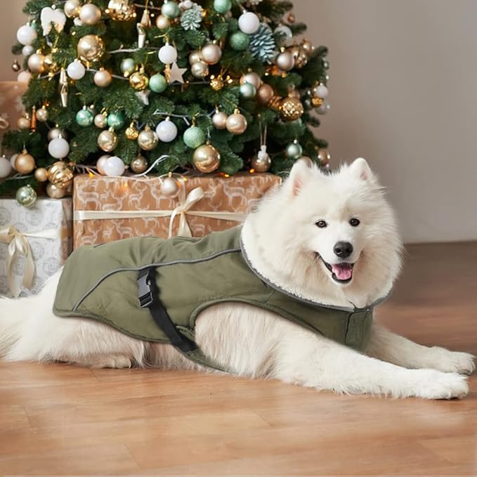EMUST Dog Cold Weather Coats, Fleece Lining Small/Medium/Large Dog Jacket for Winter, Warm Waterproof Pet Winter Clothes for Large Dogs, Green, XL