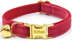 Personalized Cat Collar with Bells,Velvet Customized Small Cat Collar with Name Tag,Pet Collar with Name Phone Number Engraved ID Tags for Boy and Girl Kitten Cats (Red)