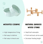 SPUNKYJUNKY 15° Slanted Ceramic Dog and Cat Bowl with Wooden Stand, Tilted Bulldog Food and Water Bowl No Slip Non-Spill for Cats Medium Dogs Big Face Pets 28.7 OZ (3.6 Cups, Morandi Green × 2)