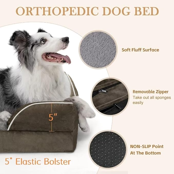 Comfort Expression Orthopedic Dog Bed for Extra Large Dogs 42x30 Inch, Waterproof Egg Crate Foam XL Pet Bed with Removable Bolsters, Dog Couch with Washable Cover & Non-Slip Bottom, Grey Green