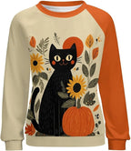 Abstract Cute Cat Shirts for Women Long Sleeve Lady Crewneck Pullover Sweatshirt Fall Winter Oversized Tops