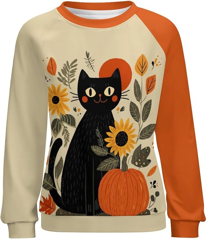 Abstract Cute Cat Shirts for Women Long Sleeve Lady Crewneck Pullover Sweatshirt Fall Winter Oversized Tops