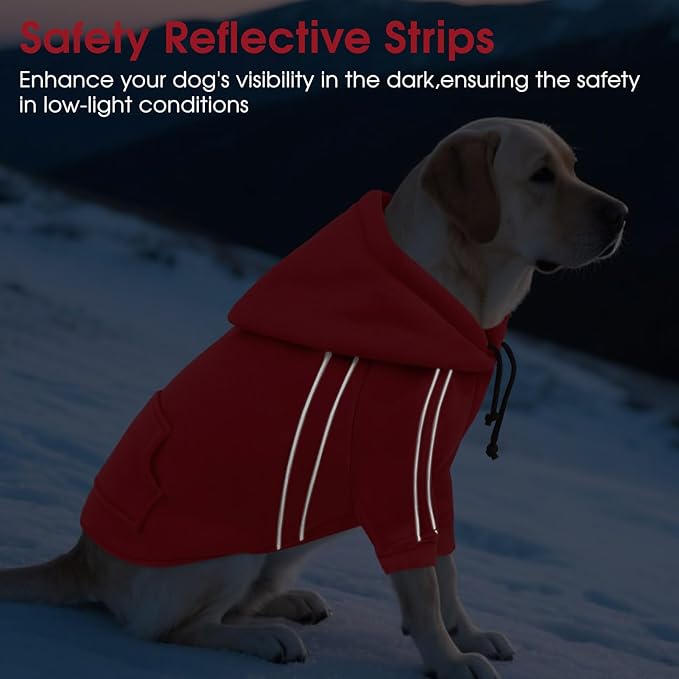 ASENKU Cozy Dog Hoodie，Soft Sweater with Adjustable Hood, Back Pocket and Leash Access Hole，Warm Reflective Sweatshirt for Cold Weather（Red，XL