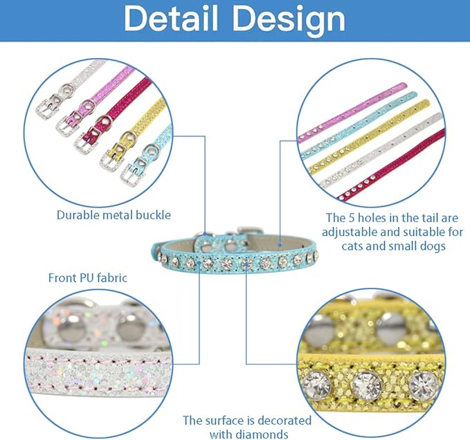 2 Pack Cat Collar Rhinestone Bling Cute Cat Collars Accessories for Pet Collars Adjustable Ideal for Girl Cats Male Cats(Silvery Blue)