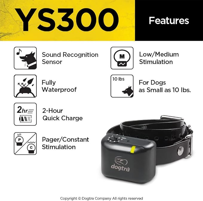 Dogtra YS300 Anti Bark Dog Collar for Small and Medium Dogs, Adjustable 6 Stimulation Levels, Vibration Warning, Low to Medium Output, Waterproof, Rechargeable w/PetsTEK Clicker