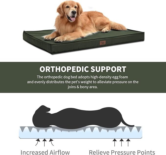 Outdoor All Weather Large Dog Bed, Waterproof Dog Bed for Large Dogs 36x27 Inch, Orthopedic Egg Crate Foam Pet Bed with Washable Removable Oxford Cooling Cover, Dark Green