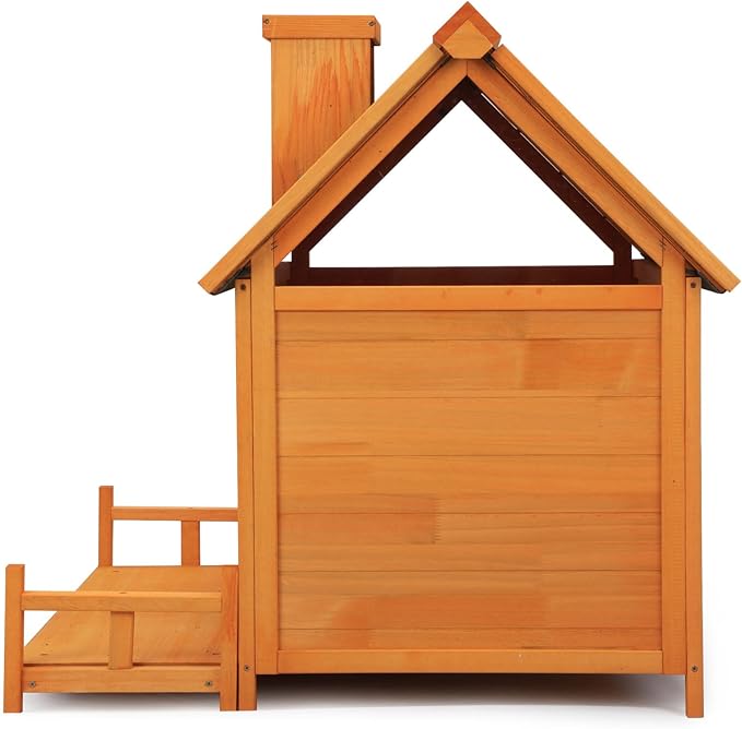 Wooden Dog House, Indoor Outdoor Pet Shelter with Platform, PVC Curtain, Door, Asphalt Roof, Pet House for Small to Medium Sized Dogs, Orange