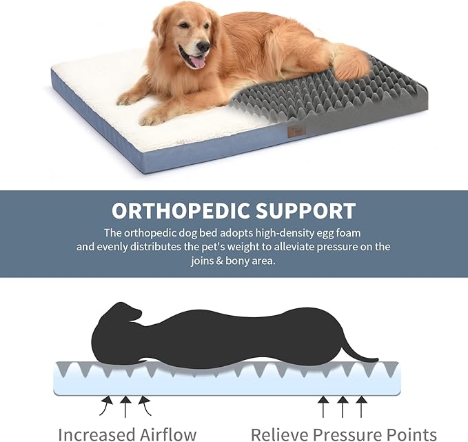 Orthopedic Dog Crate Bed for Extra Large Dogs, XXL Waterproof Comfort Pet Bed with Egg Crate Foam 47x29 Inch, Removable Oxford Cooling Cover, Blue White