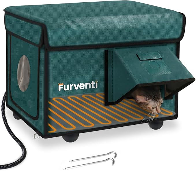 Outdoor Heated Cat House in Winter,Extremely Insulated & Weatherproof,Feral Cat Shelter with Waterproof Eaves & Escape Door for Outside Stray Barn Cat(Dark Green,16.9" x12.8"x13.4")