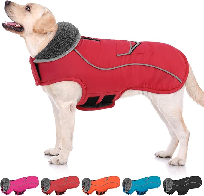 SUNFURA Large Dog Coat, Warm Dog Winter Coat Jacket with Thick Furry Collar, Adjustable Pet Fleece Jacket Turtleneck Snowsuit for Large Dogs for Chilly Day, Red XL