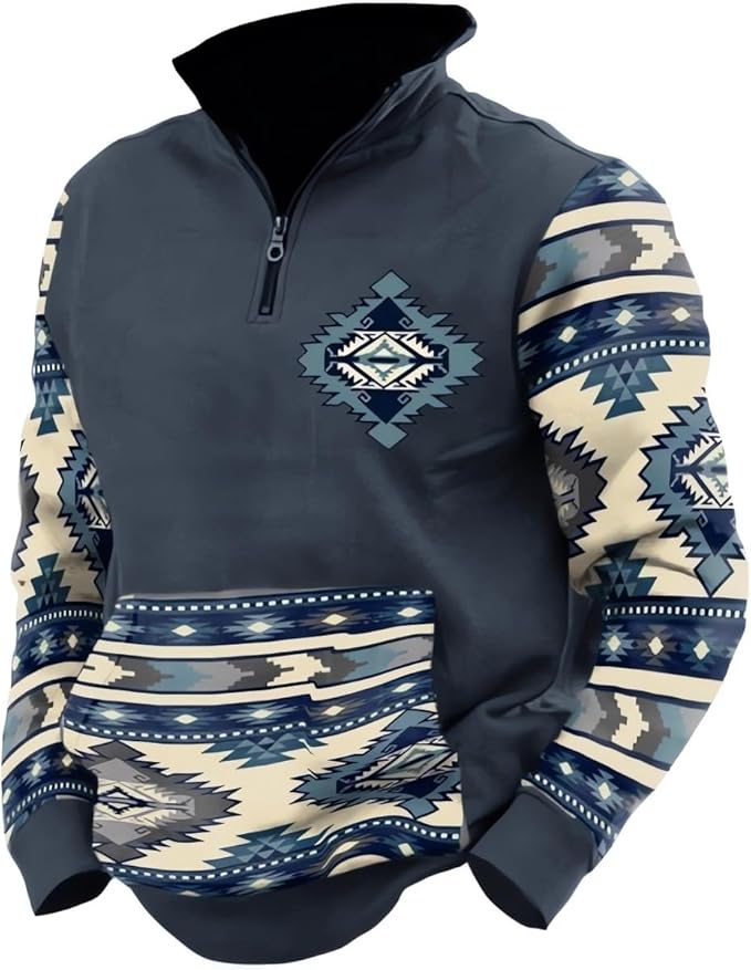 HOTYD Aztec Cowboy Mens Hoodie Vintage Graphic Western Hoodies Casual Long Sleeve 1/4 Zip Pullover Mens Country Jacket