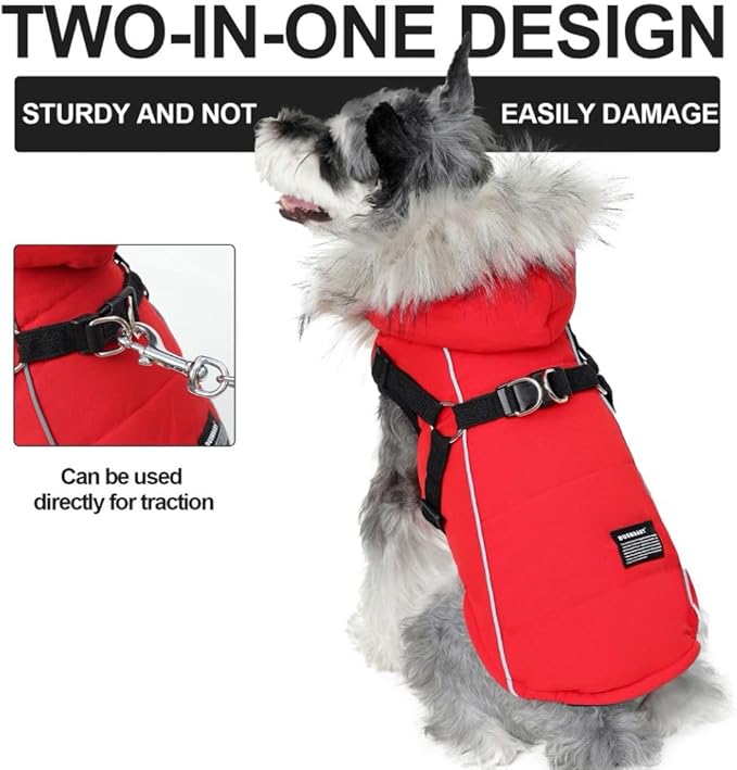 PINA Winter Coat for Dogs - Waterproof Jacket with Faux Fur Hood, Reflective Strap - Red, 2XL