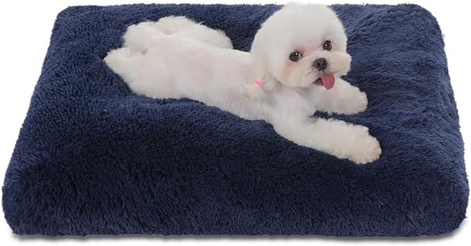 Bedfolks Waterproof Crate Bed, Plush Dog & Cat Kennel Pad with Removable Cover, Fluffy Washable Faux Fur Bed, 17"x12", Solid Dark Blue