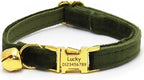 Personalized Cat Collar with Bells,Velvet Customized Small Cat Collar with Name Tag,Pet Collar with Name Phone Number Engraved ID Tags for Boy and Girl Kitten Cats (Deep Green)