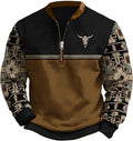 HOTYD Aztec Cowboy Jacket Men Vintage Bullhorn Printed Oversized Western Sweatshirt Long Sleeve Quarter Zip Pullover