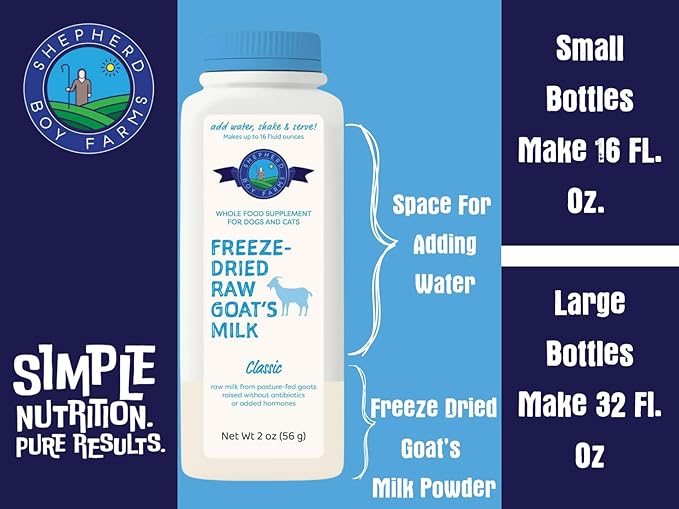 Shepherd Boy Farms Freeze Dried Raw Goats Milk with Probiotics for Dogs & Cats (Classic), High Protein Digestible Goat Milk for Sensitive Stomachs, Food Topper, Dog Camping Essentials - Makes 16 FL OZ