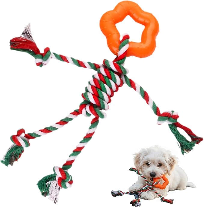 Christmas Puppy Teething Toy for Small & Medium Dogs (20–65lbs), TPR + Cotton Rope Chew Toy for Aggressive Chewers, Indoor & Outdoor Teeth Cleaning Toy for 2–12 Month Dog