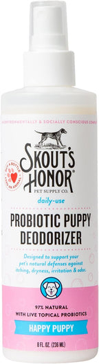 SKOUT'S HONOR Probiotic Deodorizer Spray for Pets- Hydrating Daily-Use with Avocado Oil & Omega-3s, Microbiome Friendly Certiified, Paraben & Sulfate-Free, 97% Natural, 8oz, Happy Puppy