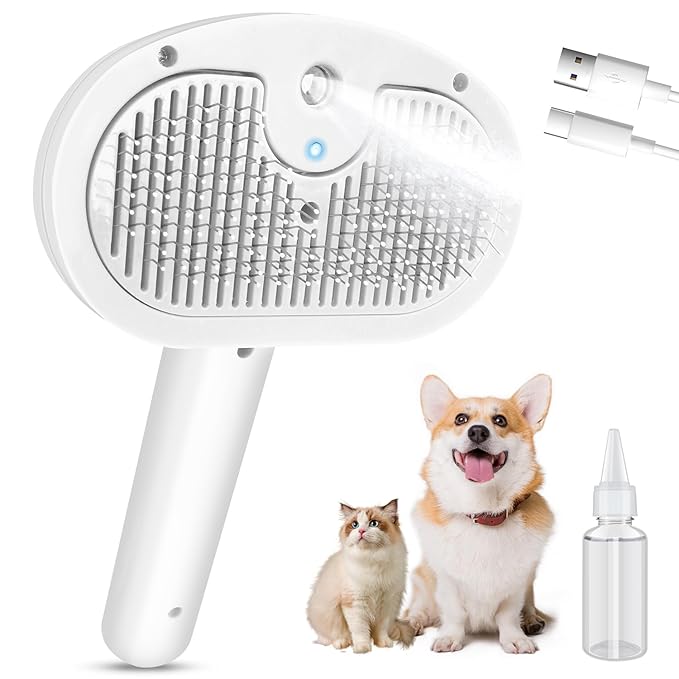 Steam Brush for Cats,4 in 1 Cat Steam Brush,Self-Cleaning Slicker Brushes for Dogs,Pet Spary Hair Removal Comb for Grooming Massage,Recharegable Cat Dog Hair Remover for Long&Short Haired Dogs White