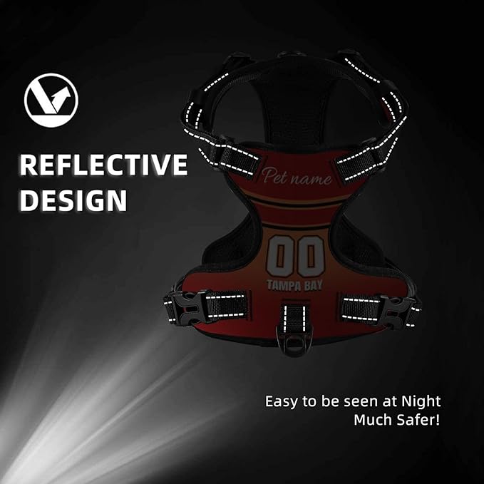 Custom Tampa Bay Dog Harness with Reflective Stripes Personalized Name and Number Dog Vest Harness with Pet Traction Rope for Small Medium Large Dog