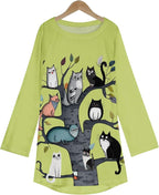 Womens Tunic Shirt Cute Cat Print Long Sleeve Round Neck Women T Shirts Cotton Casual Plus Size Vacation Tunics Tops