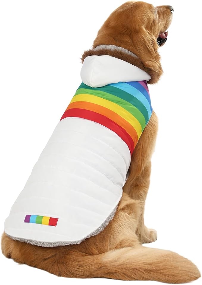 HDE Dog Puffer Jacket Fleece Lined Warm Dog Parka Winter Coat with Harness Hole White Rainbow Stripe - L