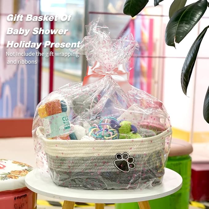 Small Woven Baskets for Organizing Rope Storage Basket with Handle Cute Cotton Basket for Nursery Gift Dog Toy Storage Bins for Toy Organizer Grey-white