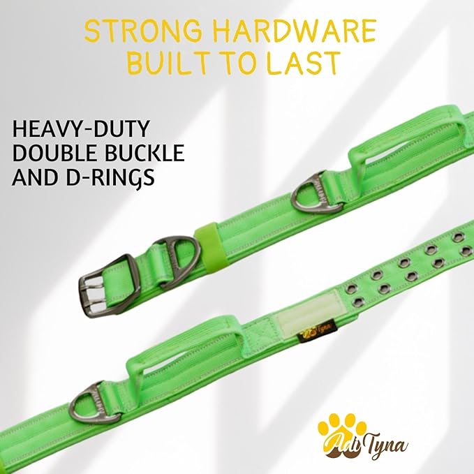 ADITYNA Heavy Duty Dog Collar for Medium Dogs - Reflective Green Collar with Handle for Training, and Walking - Wide, Thick, Tactical, Soft Neoprene Padded