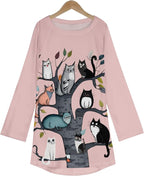 Womens Tunic Shirt Cute Cat Print Long Sleeve Round Neck Women T Shirts Cotton Casual Plus Size Vacation Tunics Tops