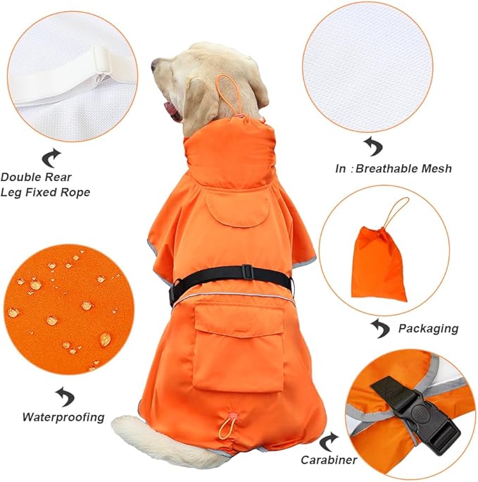 Reflective Dog Raincoat Waterproof Adjustable Dog Hooded Poncho Raincoat for Medium Large Dogs, Lightweight Pet Rain Jacket (Orange, L)