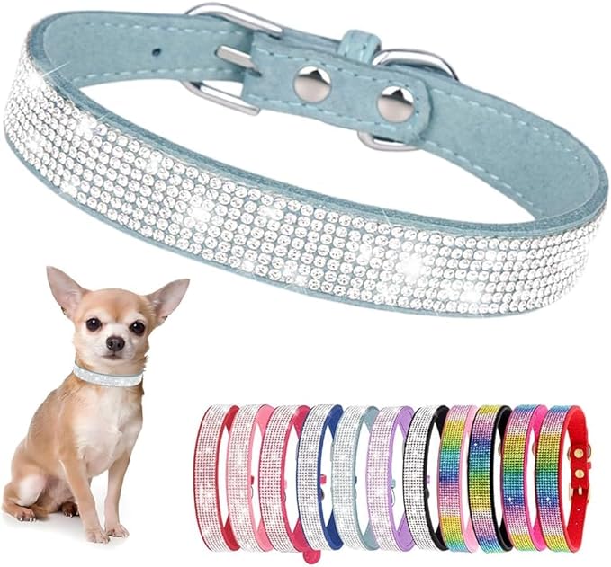Serijoars Small Dog Collar with Rhinestone Crystal Diamond Colorful Bling Girl Puppy Cat Collars (M, Light Blue)